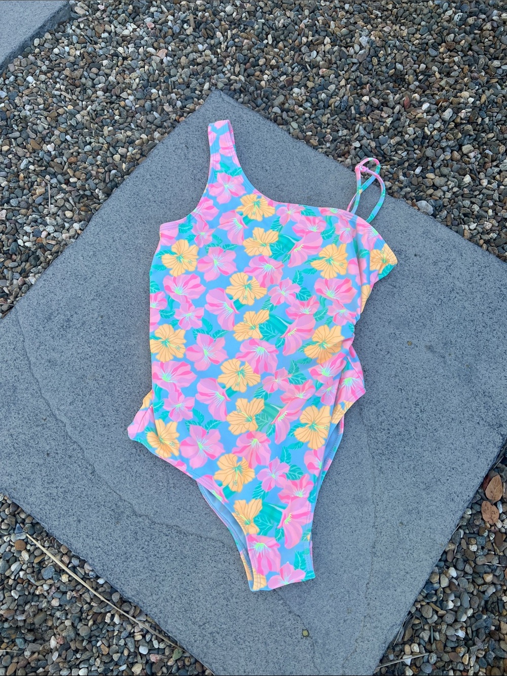 Hurley Kids One-Shoulder Floral One-Piece Swimsuit - Teal/Pink/Yellow